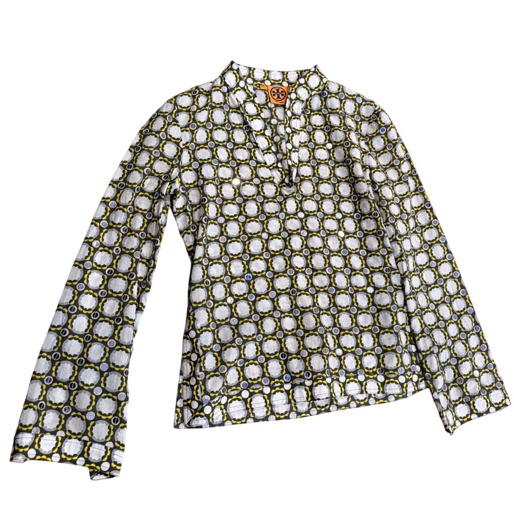 Tory Burch signature Stephanie Geometric Mirror Sequin Cotton Tunic Top Size 2 S
